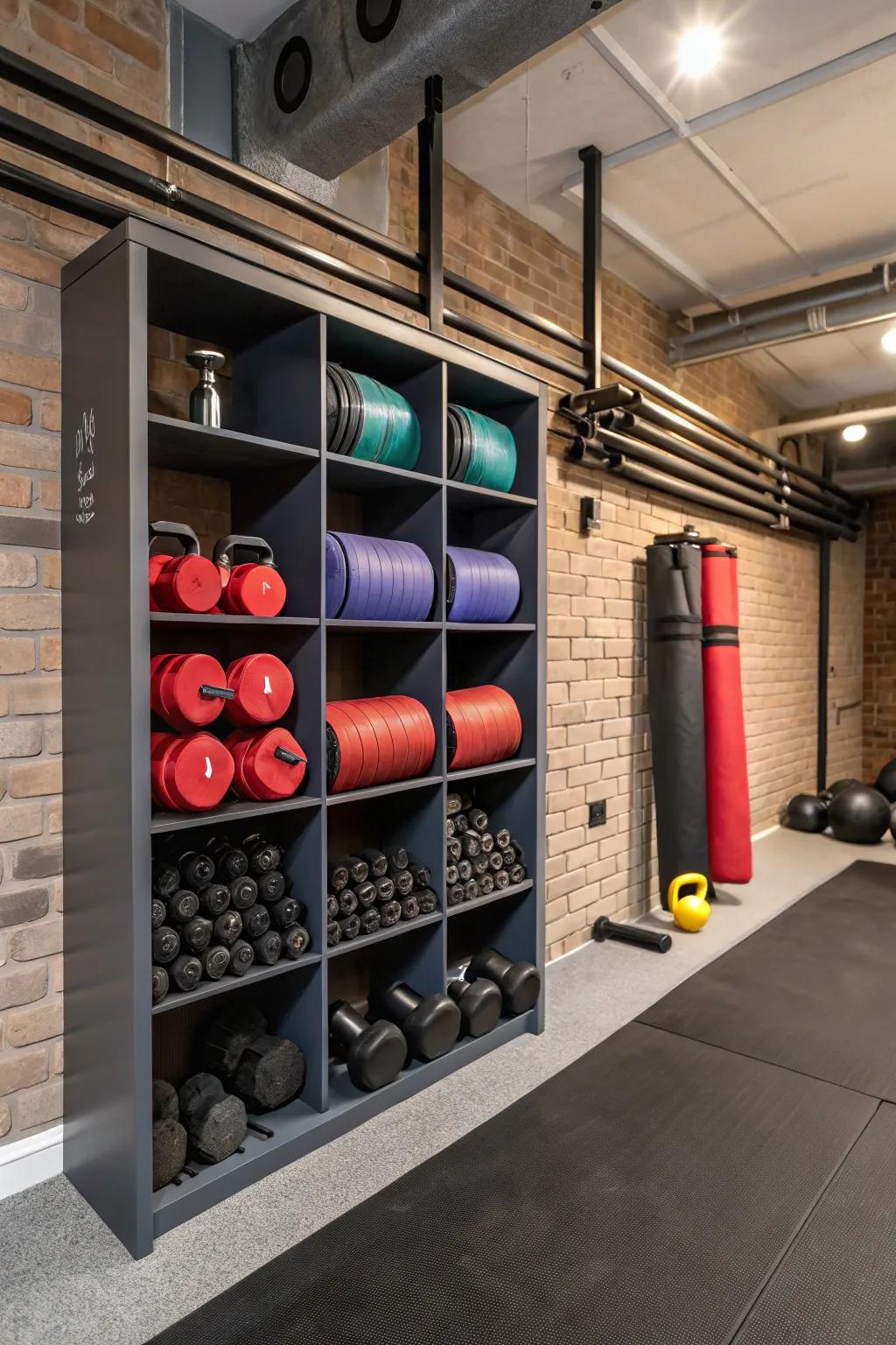 Imaginative wall storage maintains an organized and accessible gym.