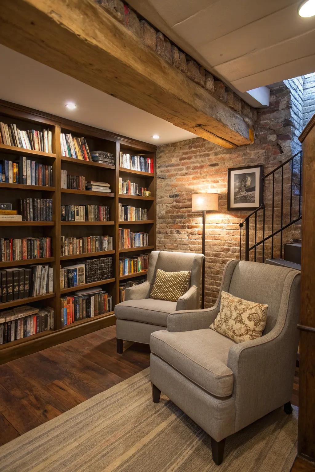 A mini library converts the basement into a welcoming reading nook.