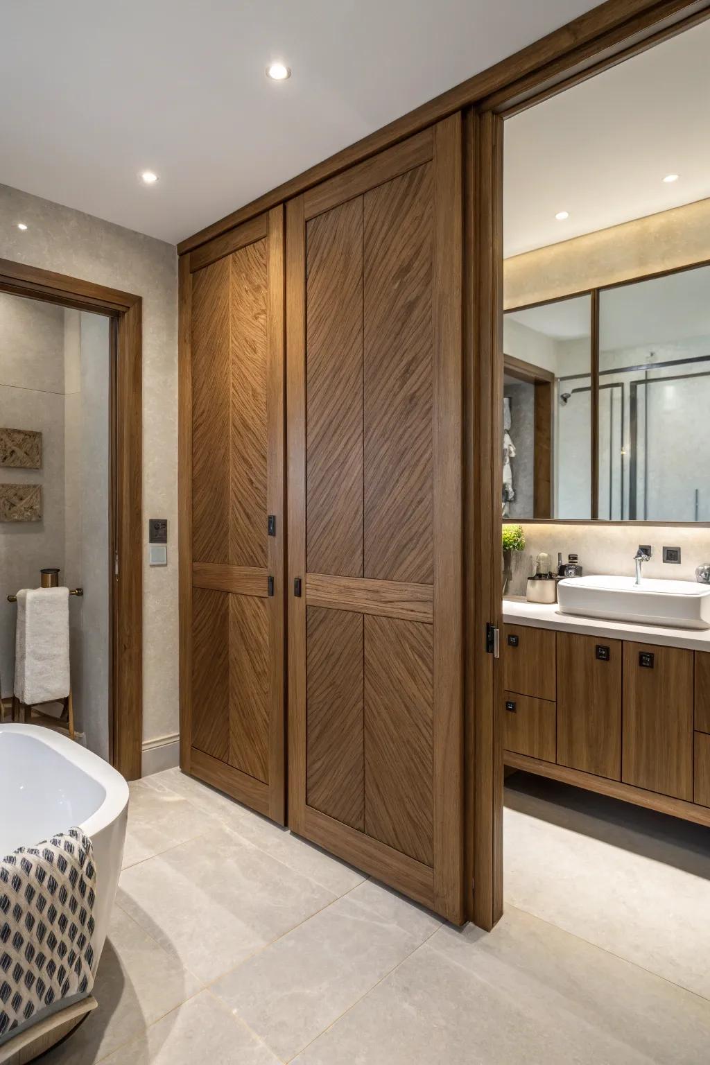 Wood paneling adds elegance to closet doors.