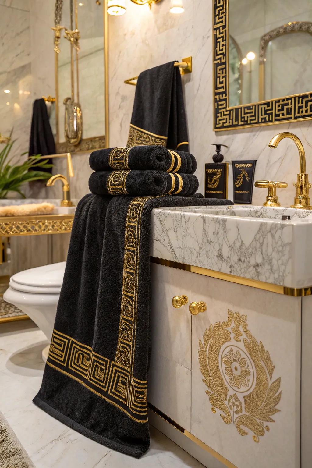 Ebony and gold towels append a luxurious and dramatic touch.