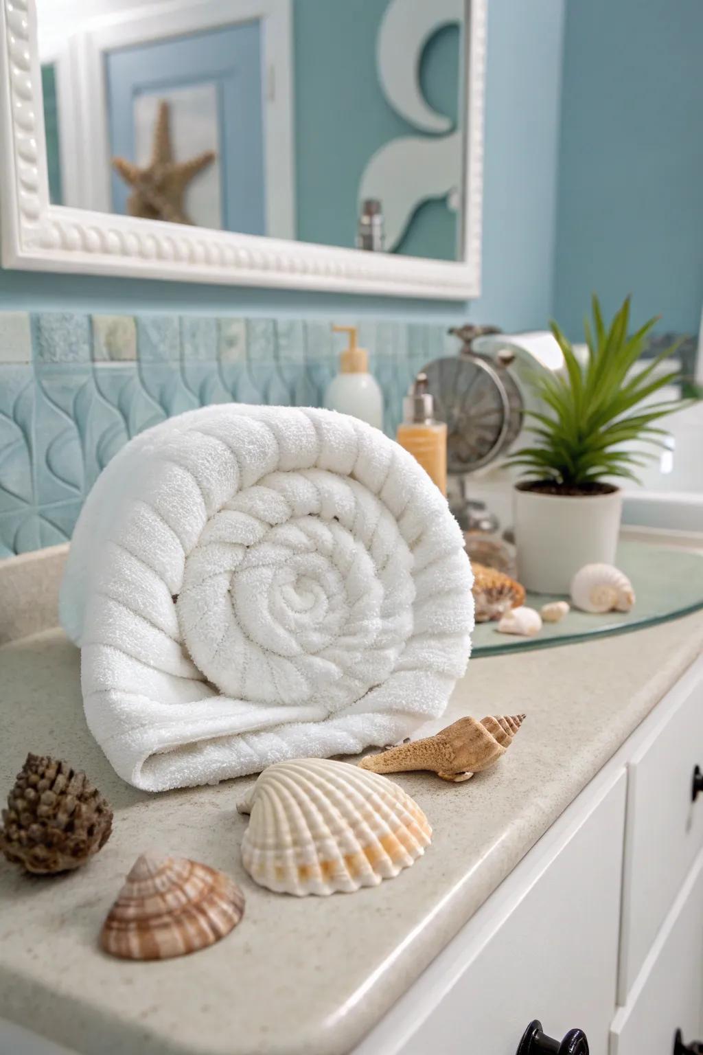 Introduce elegance with a whorled shell towel.