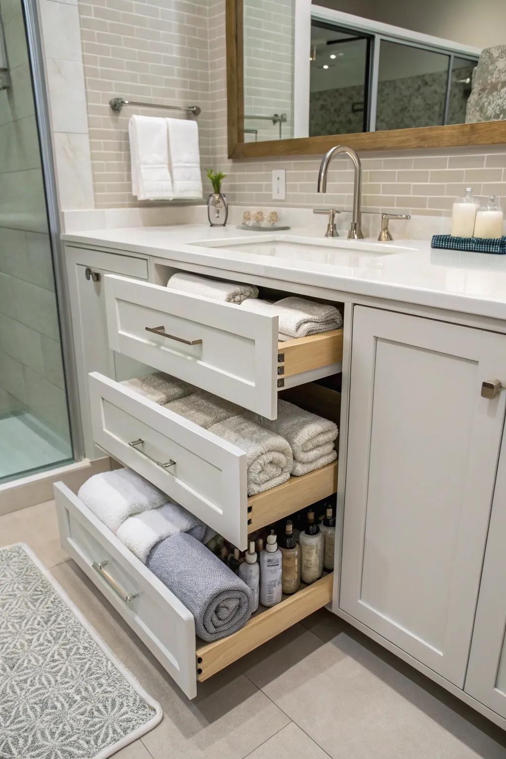 Sliding shelves for convenient cabinet access.