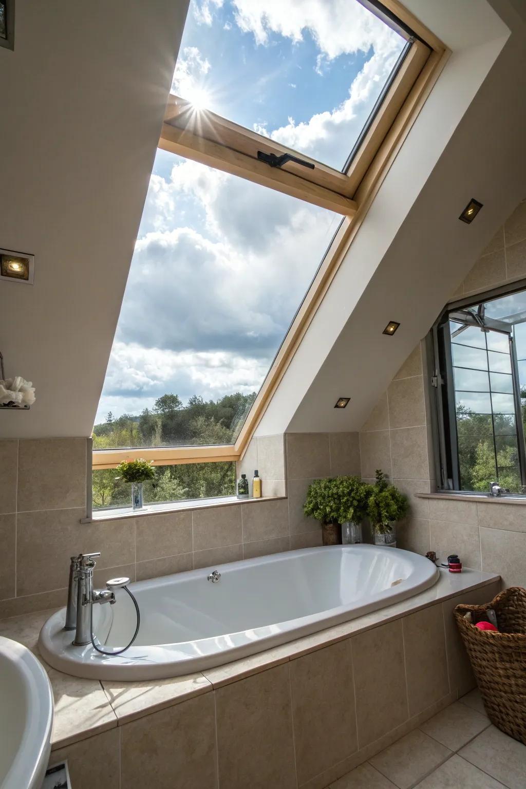 A skylight adds light and luxury to this bathroom.