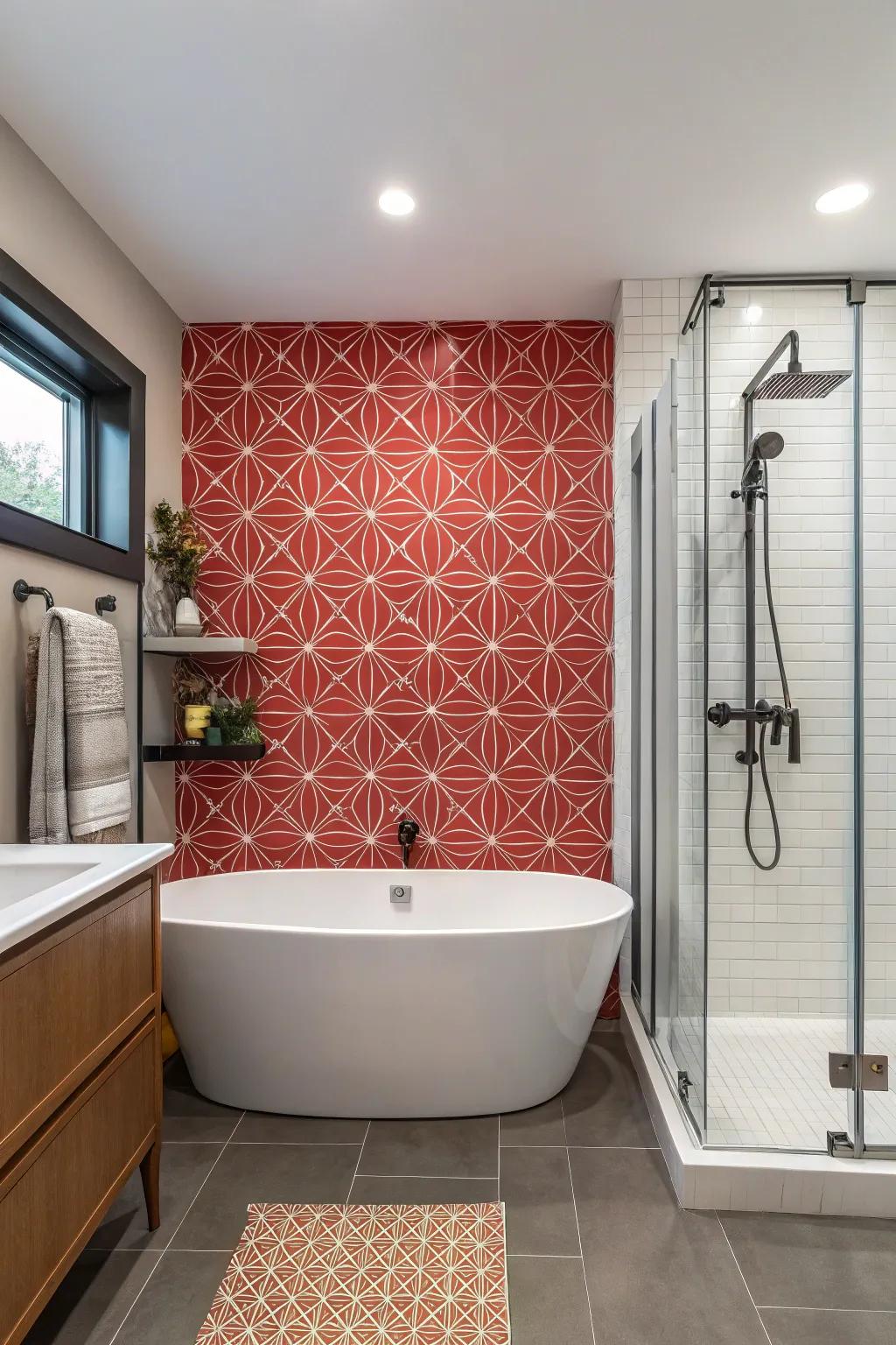 Bold accent wall making a striking statement in the bathroom.