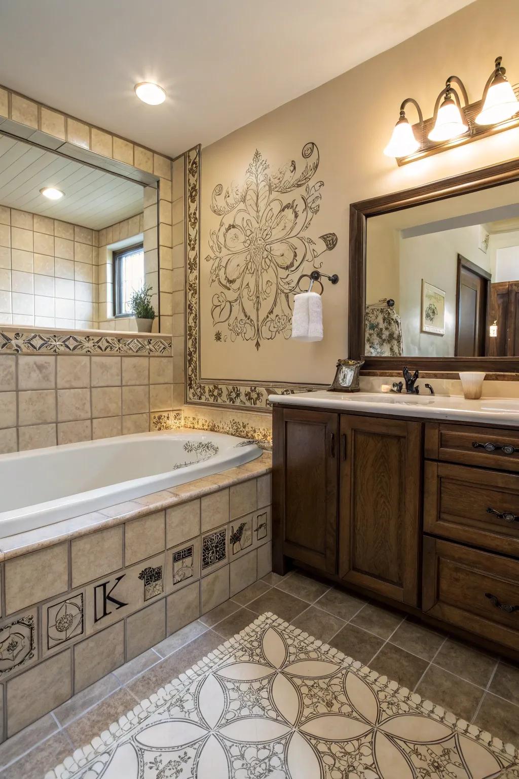 A personalized bathroom has a tub adorned with custom details.