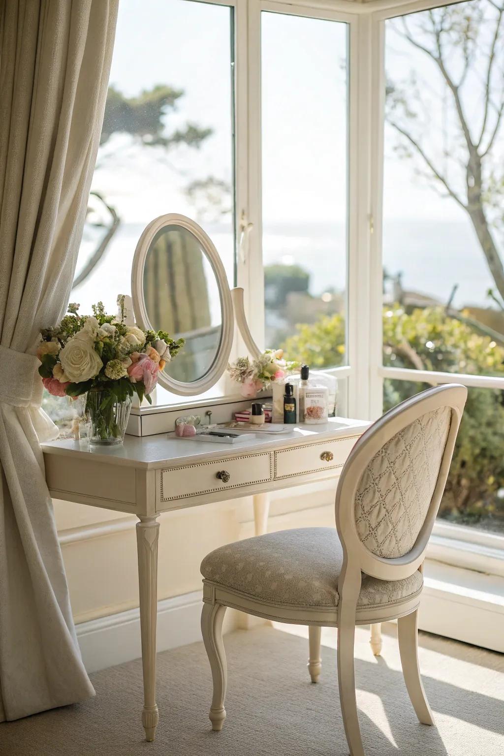 A glamorous beauty zone in the bay window enhances your daily self-care routine.