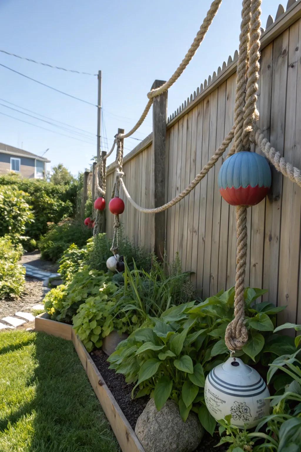 Cords and floats bring a classic nautical vibe to outdoor decor.