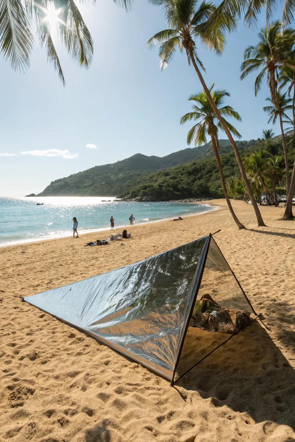 Reflective tarps diminish heat and are effortless to arrange for beach comfort.