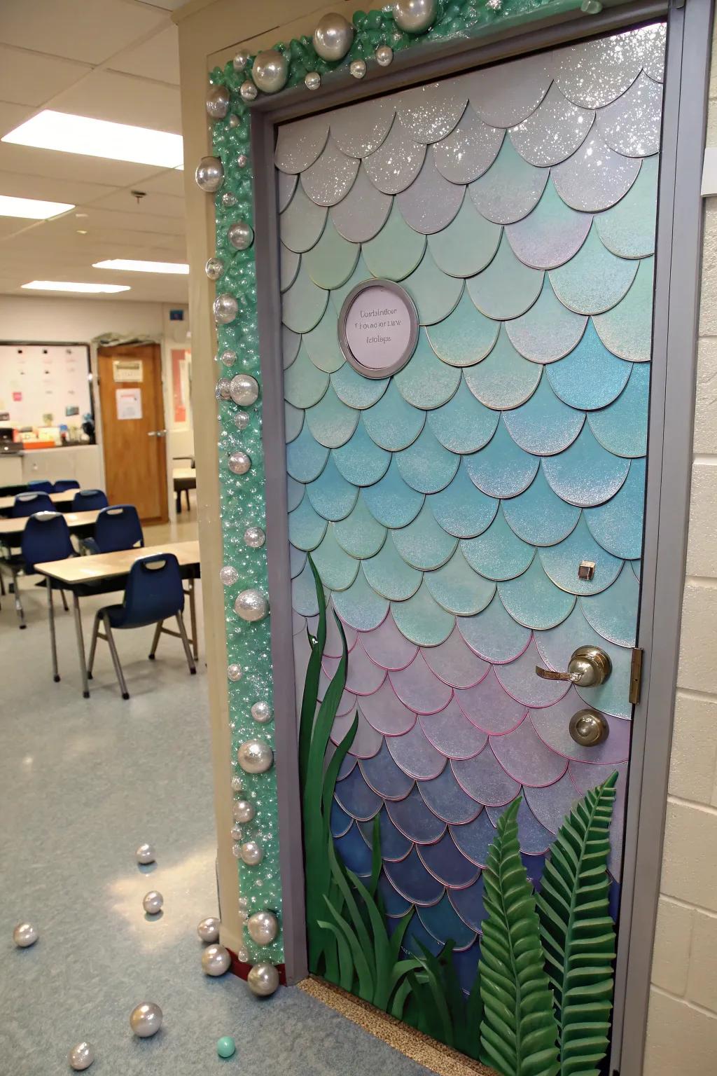 Classroom door showcasing a mystic mermaid grotto.