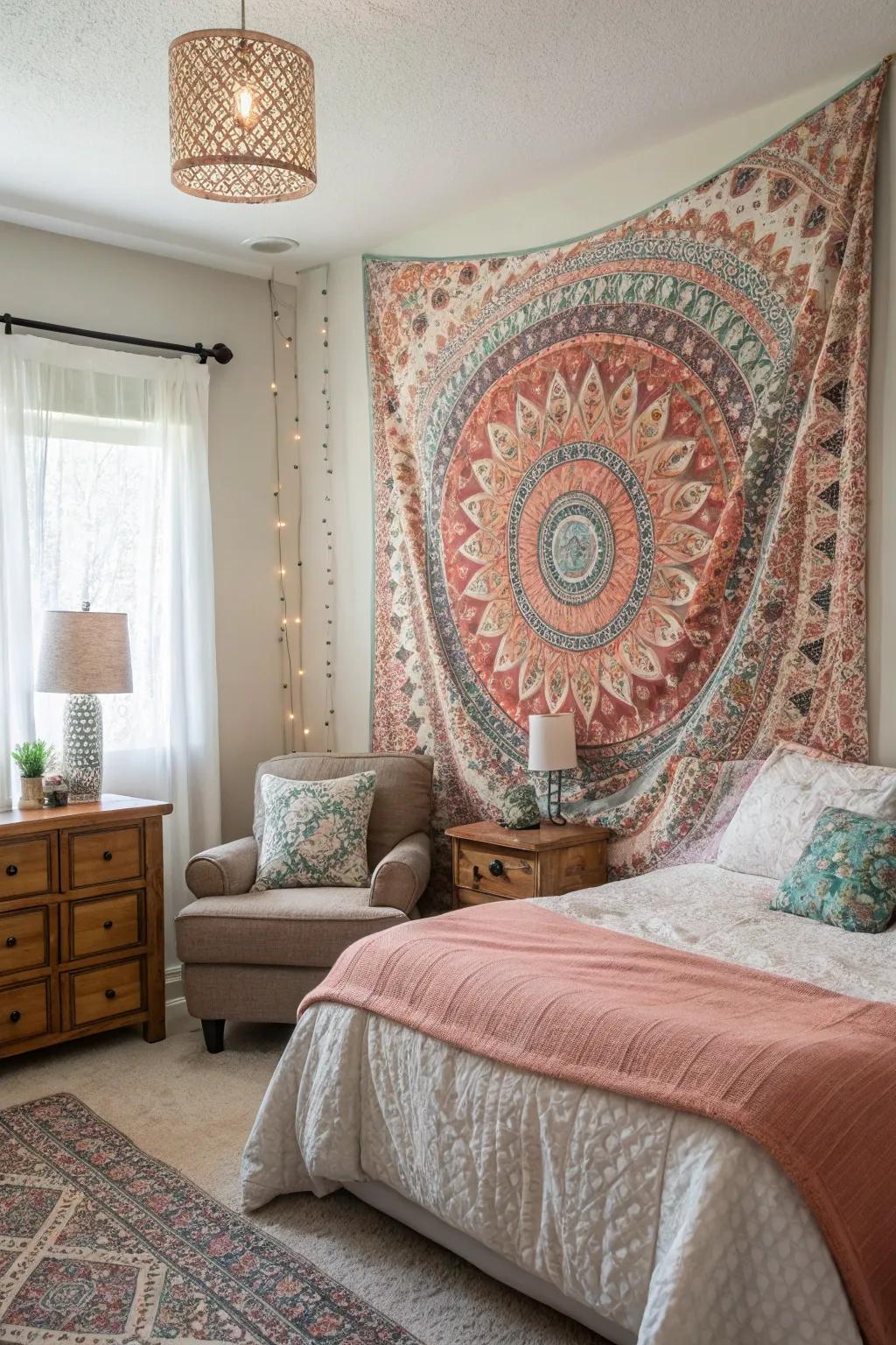 Textile hangings instill a bohemian feel.
