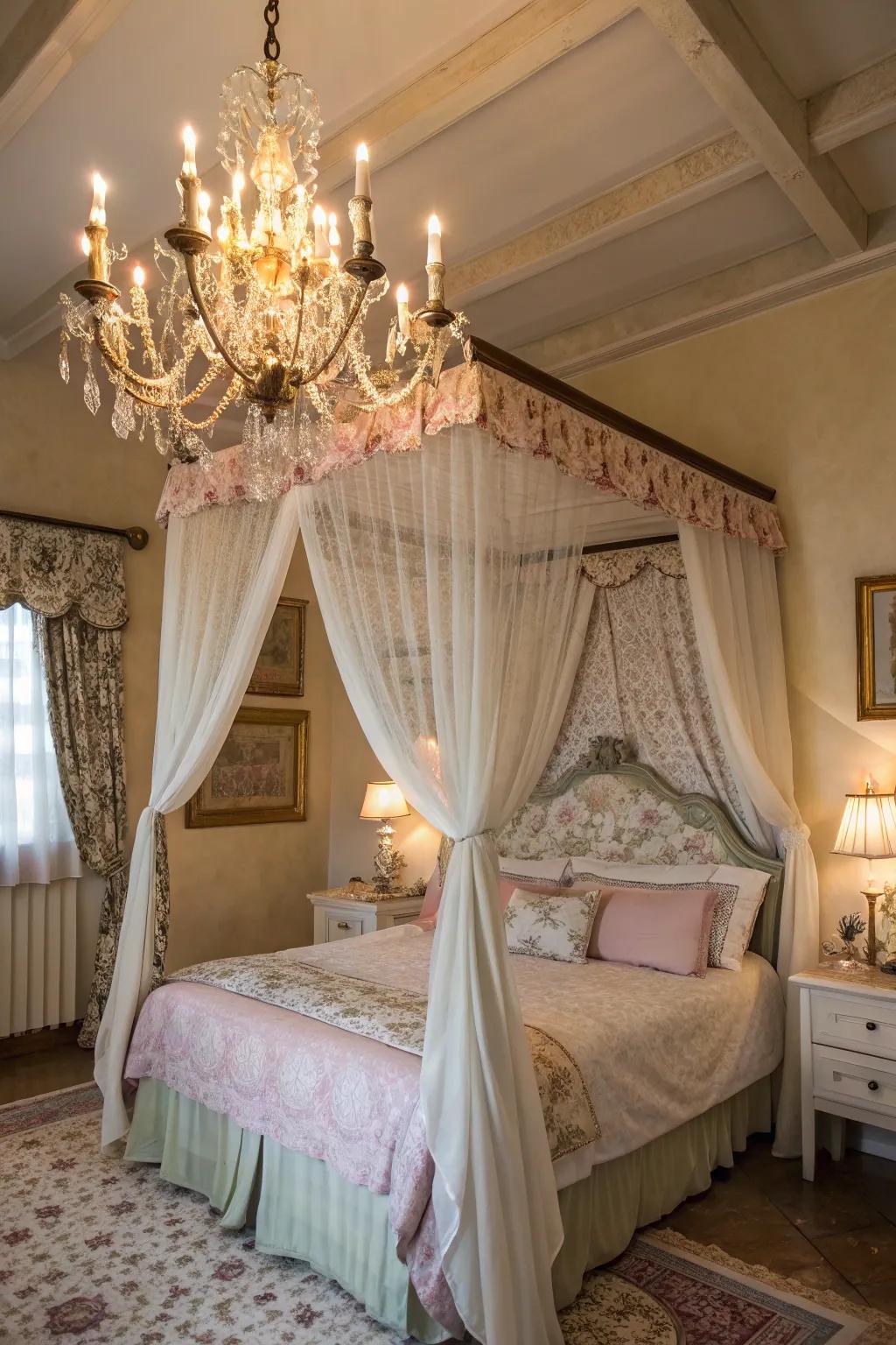 Chandeliers enhance canopy beds with sophistication.