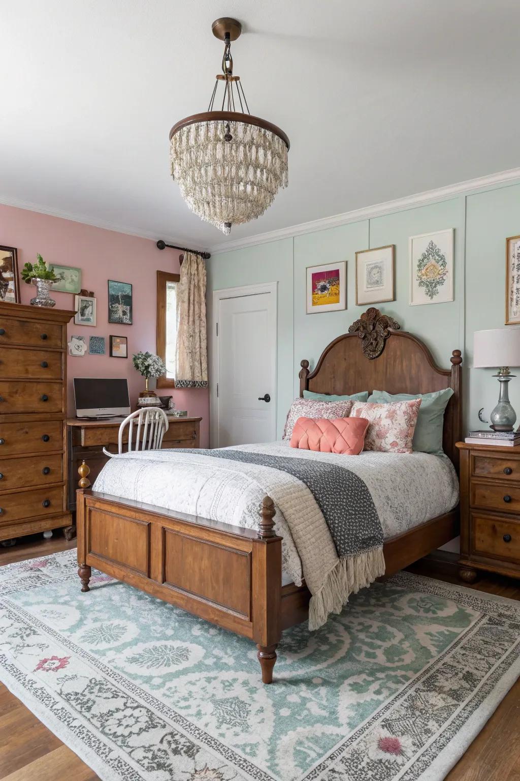 A bedroom with a curated mix of vintage and modern elements.