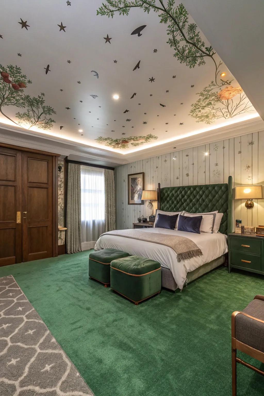 An attractive ceiling adds an extra layer of interest to the bedroom.