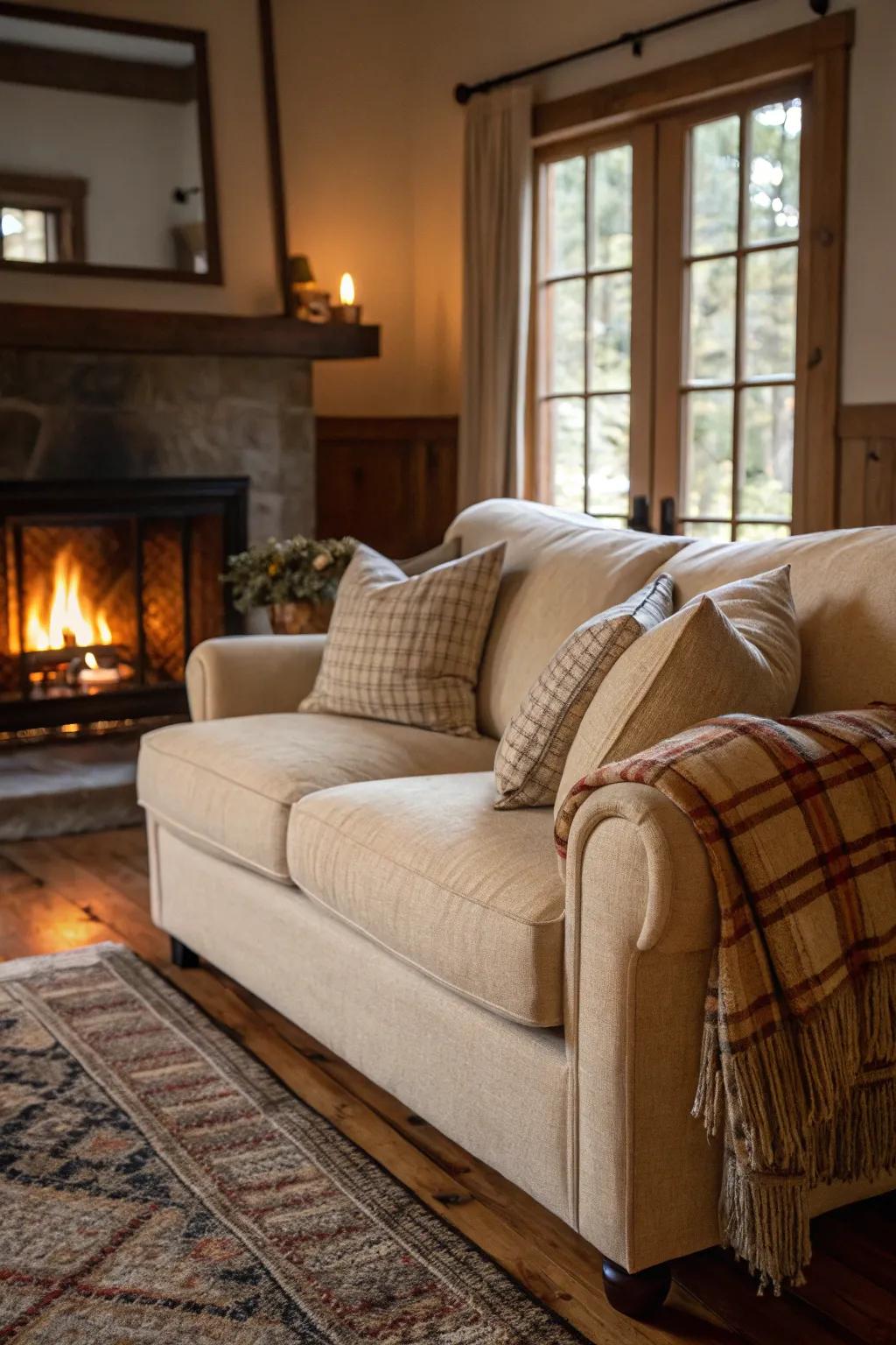 A cozy living room featuring a warm fireplace and a sand-toned sofa.