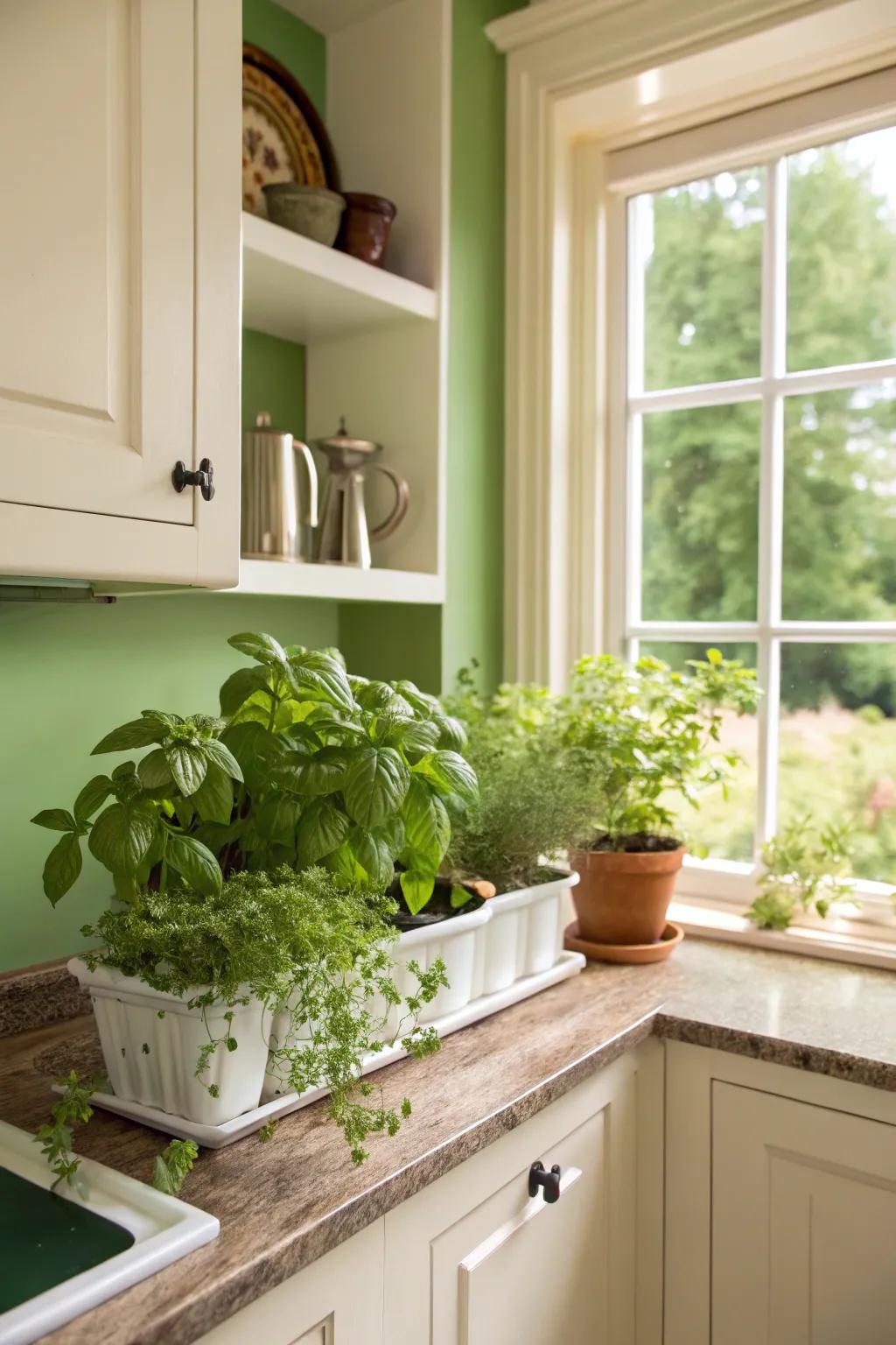 A fresh and welcoming food prep area featuring basil green walls.