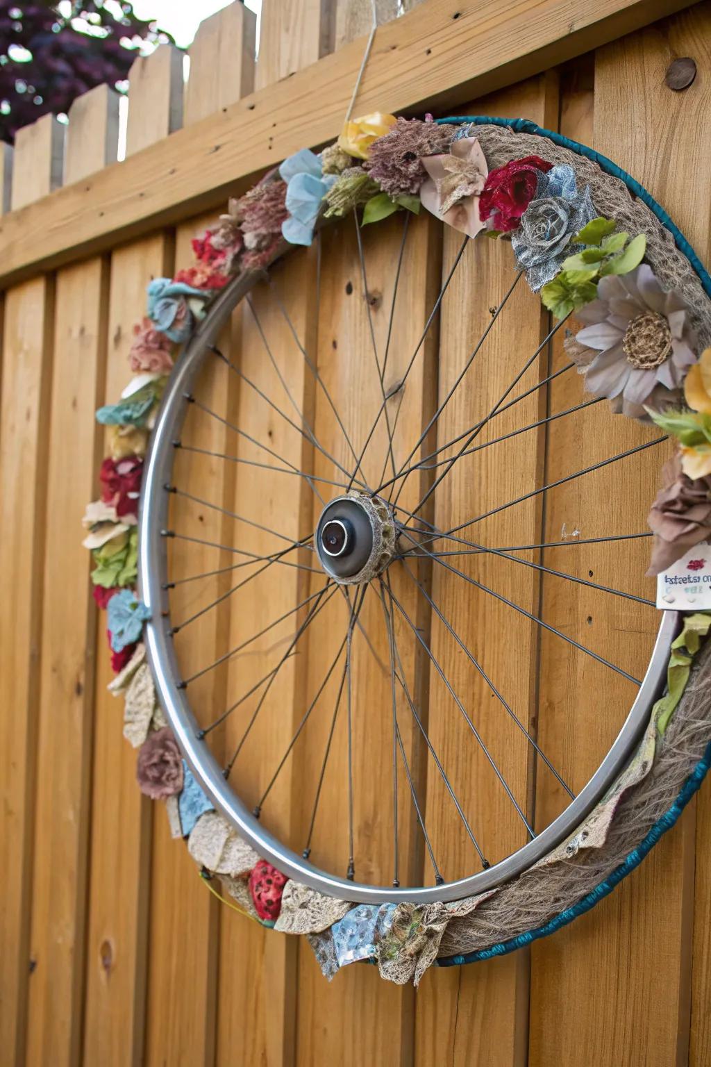 An upcycled bicycle wreath featuring recycled materials for eco-friendly elegance.