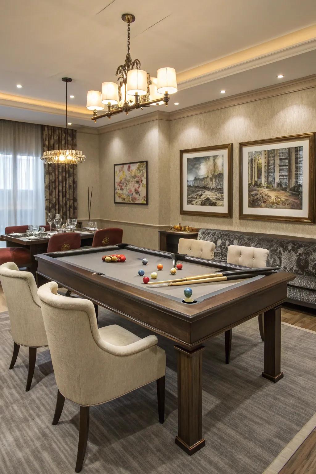 A convertible billiards table brings flexibility to a billiards space.