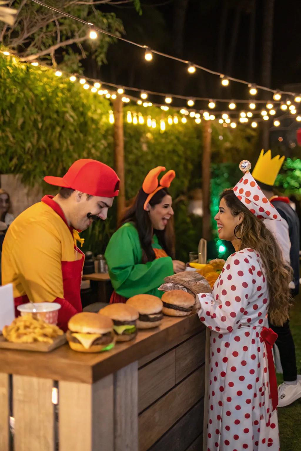 Themed outfits add a playful spin to the celebration.