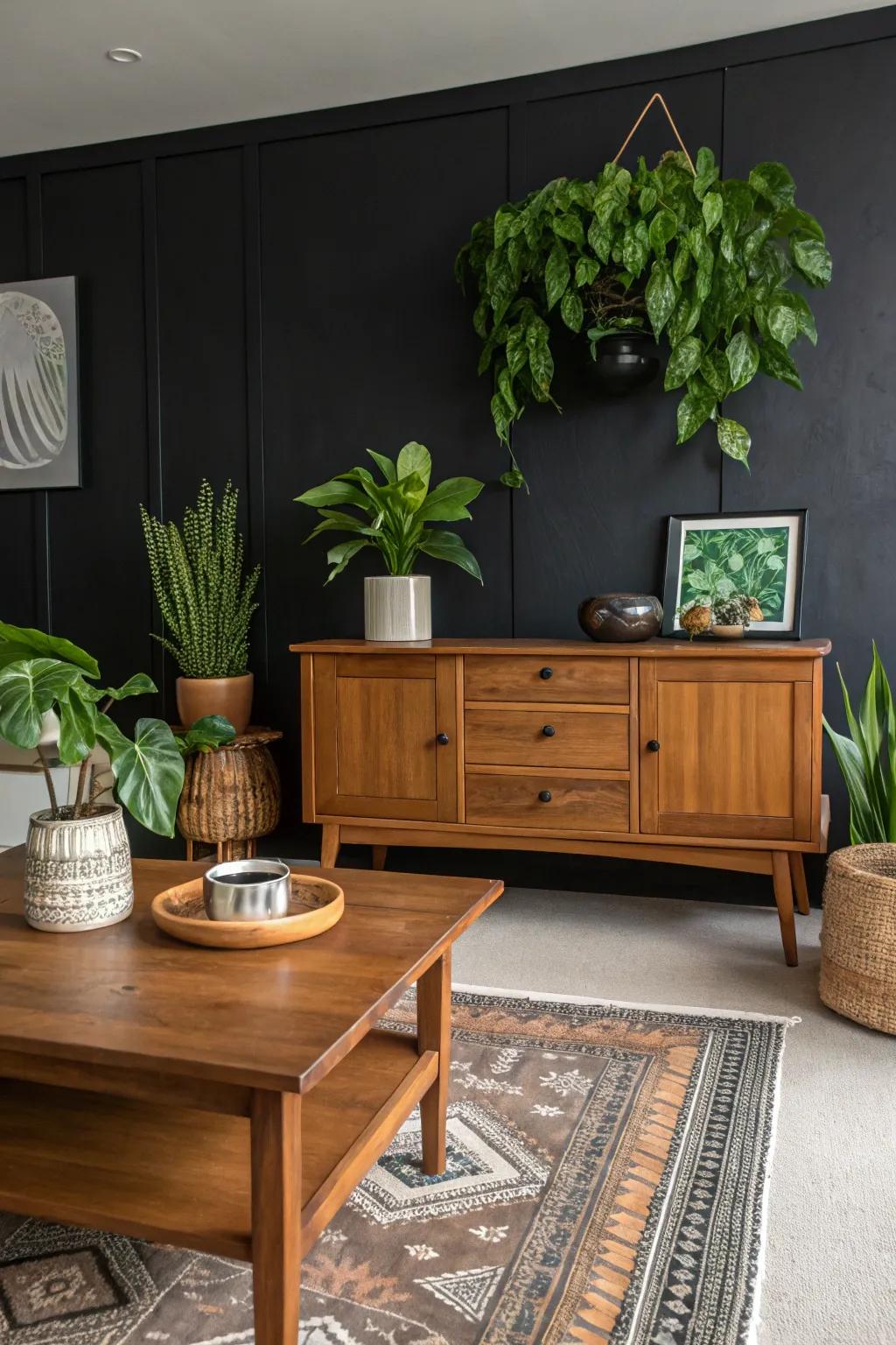 A room where a black accent wall is paired with wooden furniture and green plants for a natural balance.