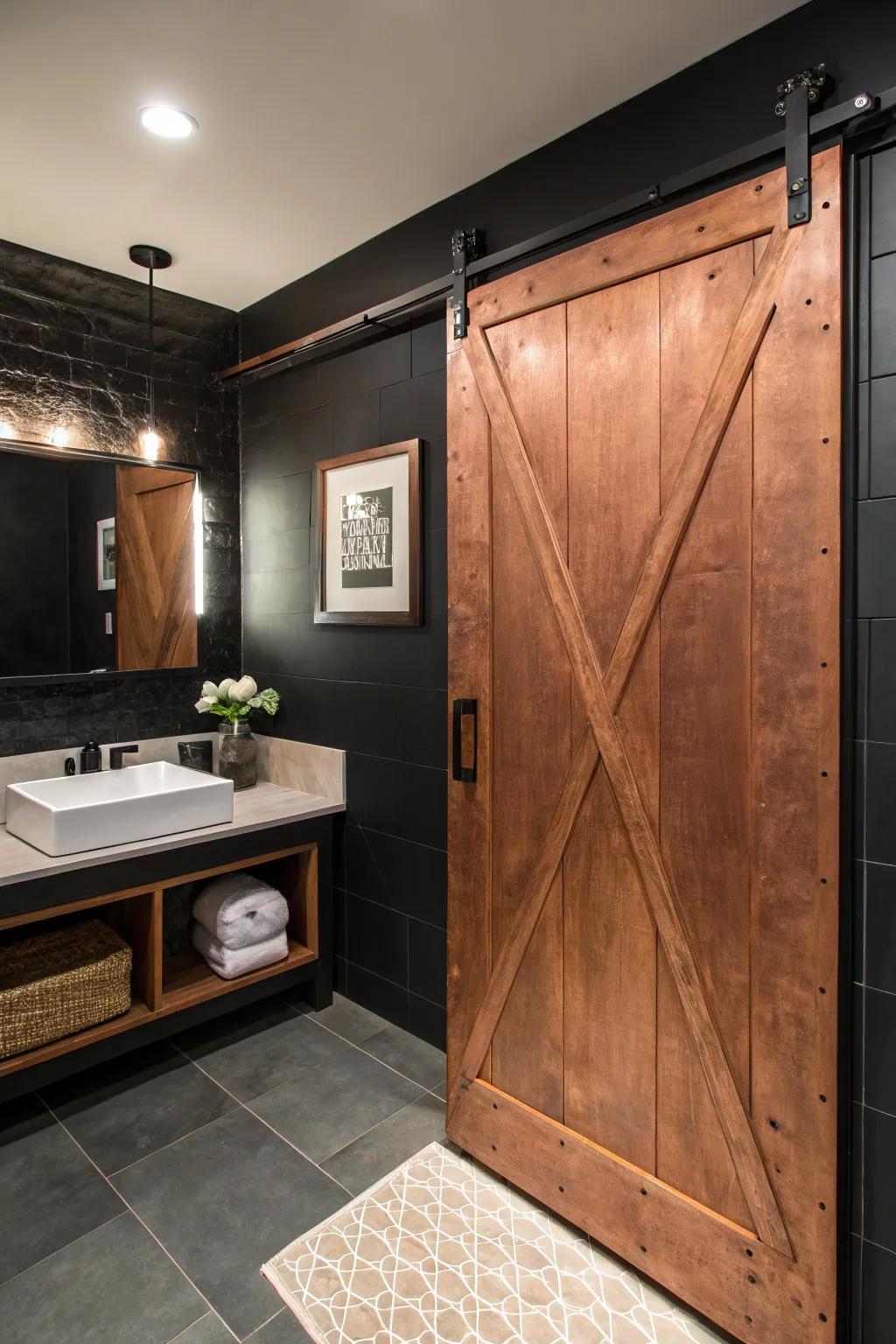 A copper barn door adds rustic charm and modern style.