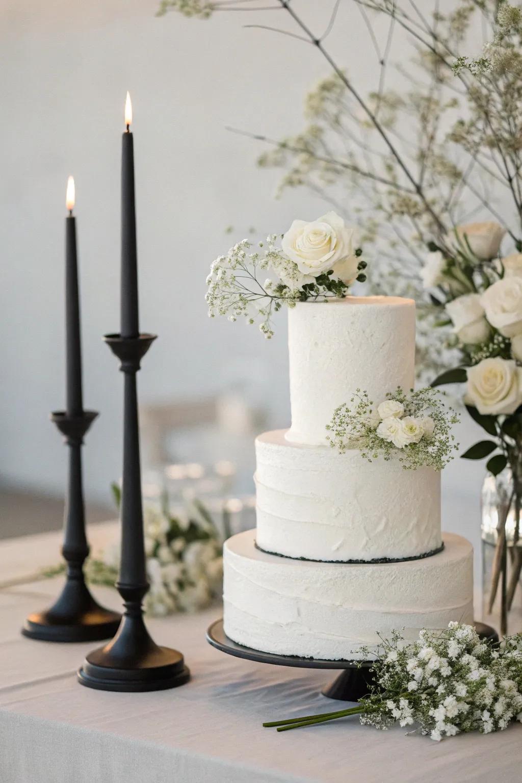 A minimalist pastry display with ebony candlestick holders enhances the wedding theme.