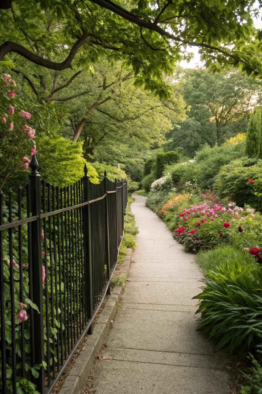 A black fence elegantly lining a garden pathway.