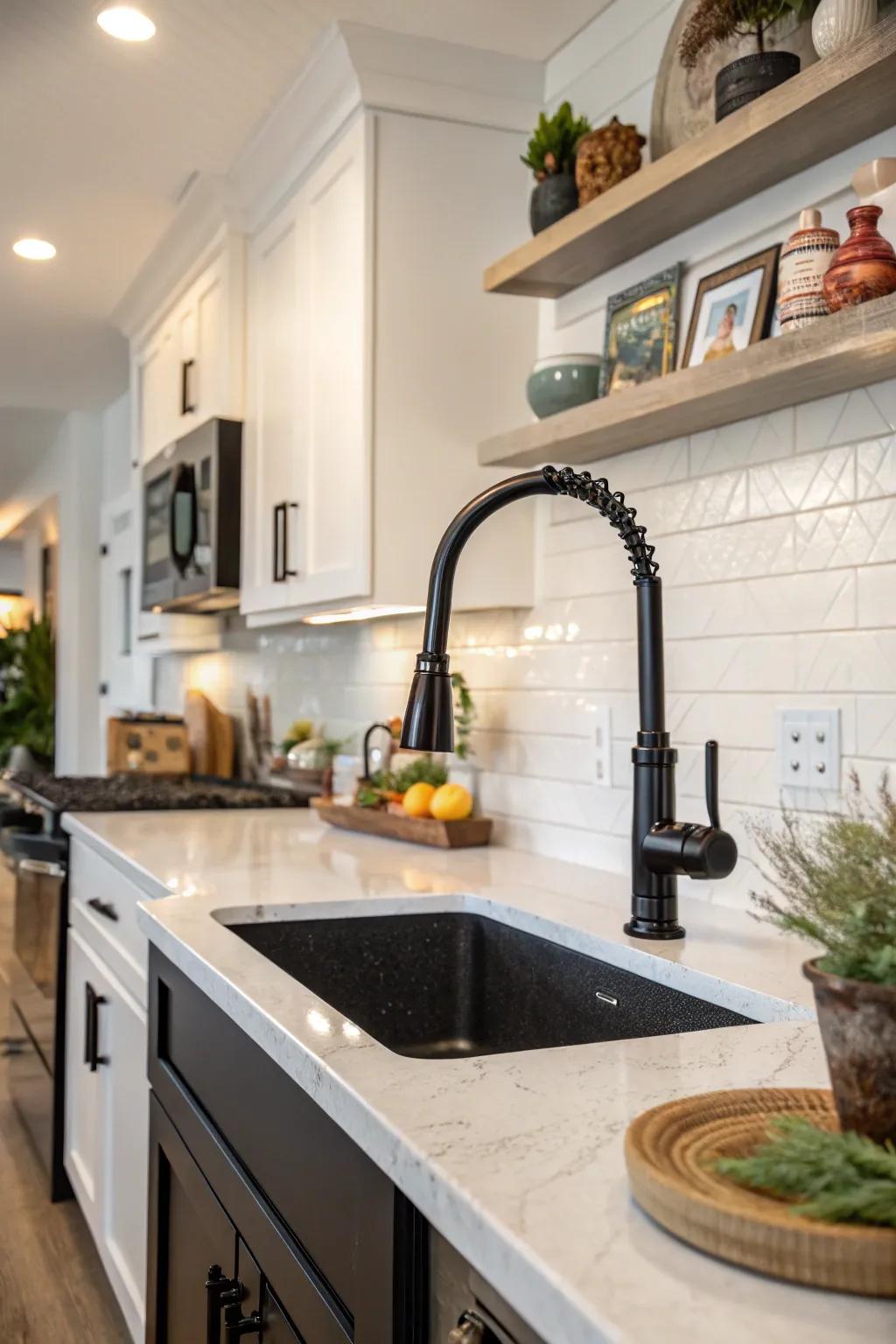 Artistic flair is evident in this kitchen, which is highlighted by an artfully designed dark tap.