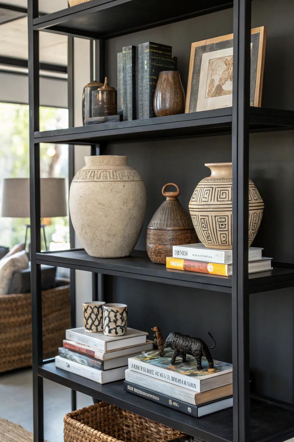 A mixture of large and small design pieces creating visual appeal on a dark shelf.