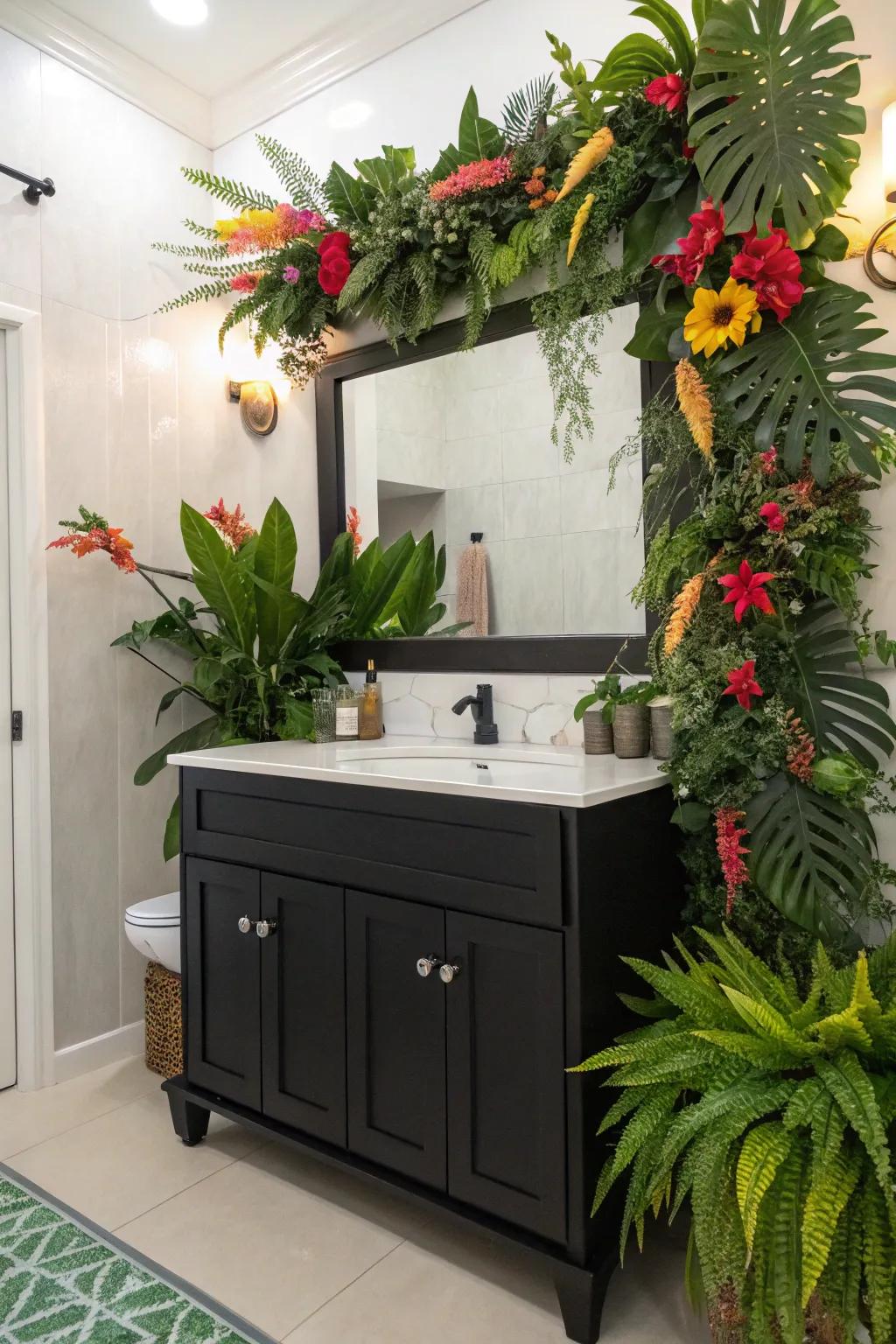 Green plant decor brings a vibrant and refreshing element to a dark sink cabinet bathroom.