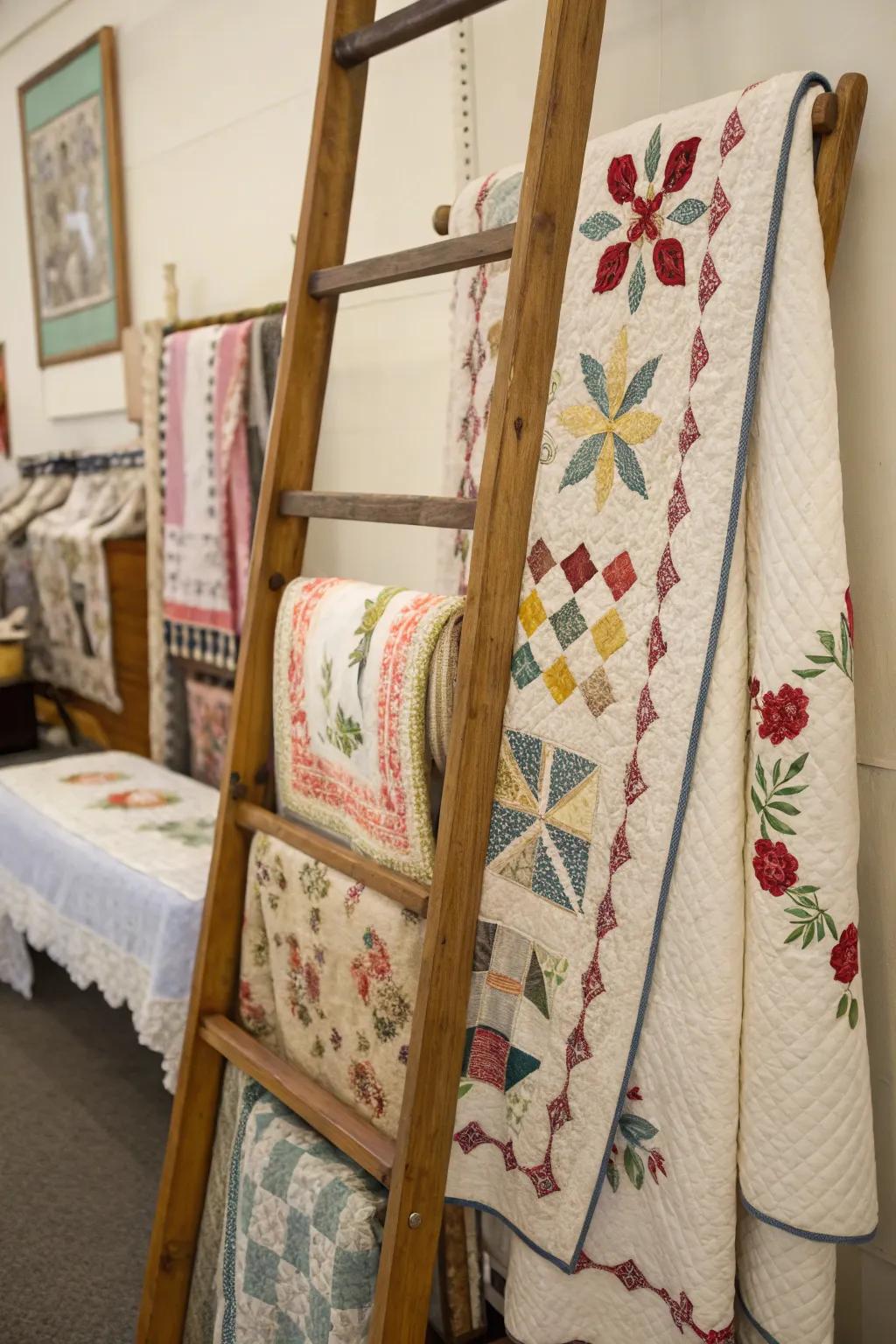 Vintage textiles on a blanket ladder add nostalgia and charm.
