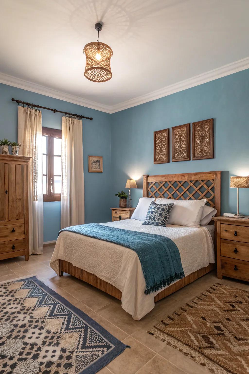 Azure and earthy tones create a cozy atmosphere.