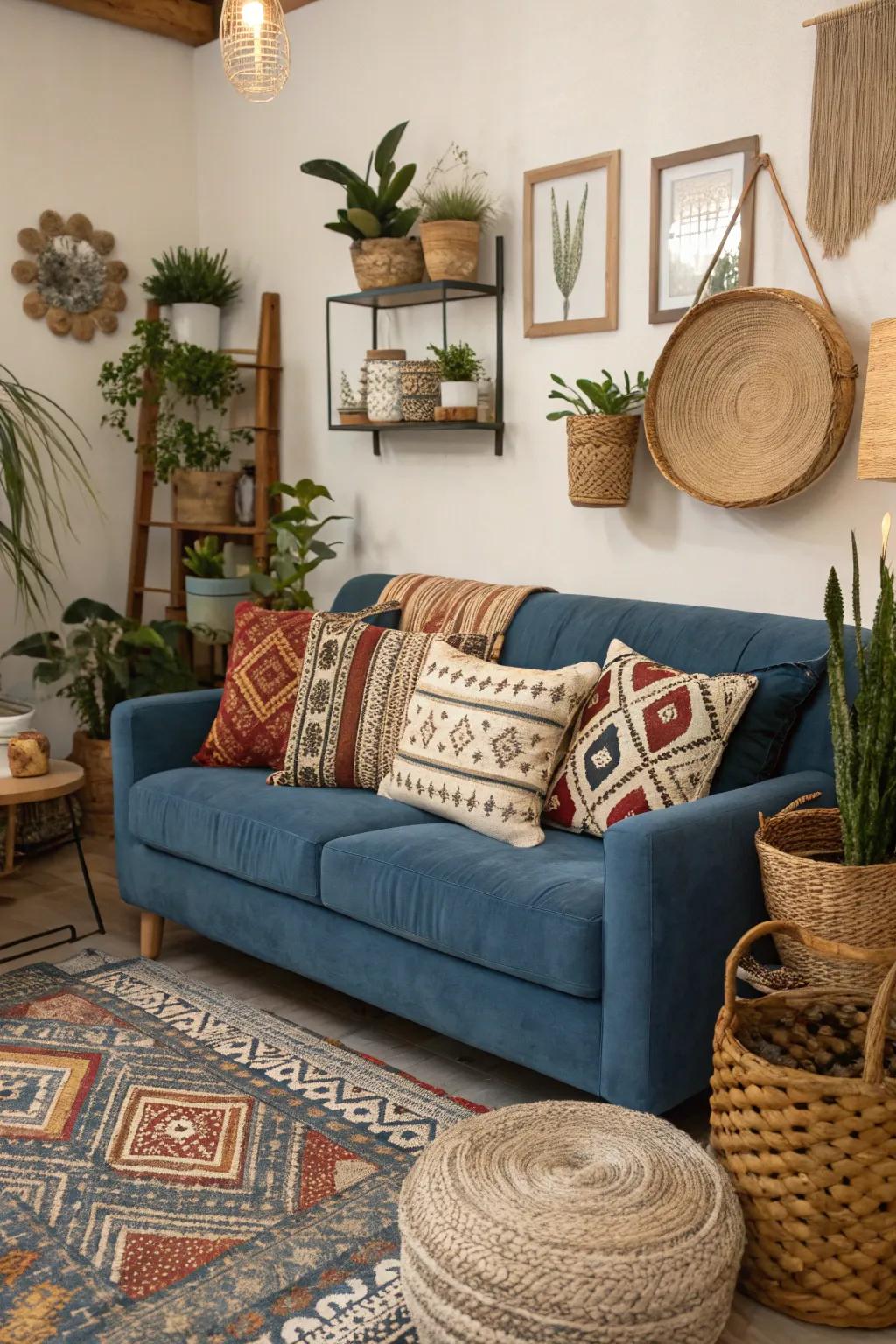 Bohemian fabrics and decor create an inviting blue sofa arrangement.