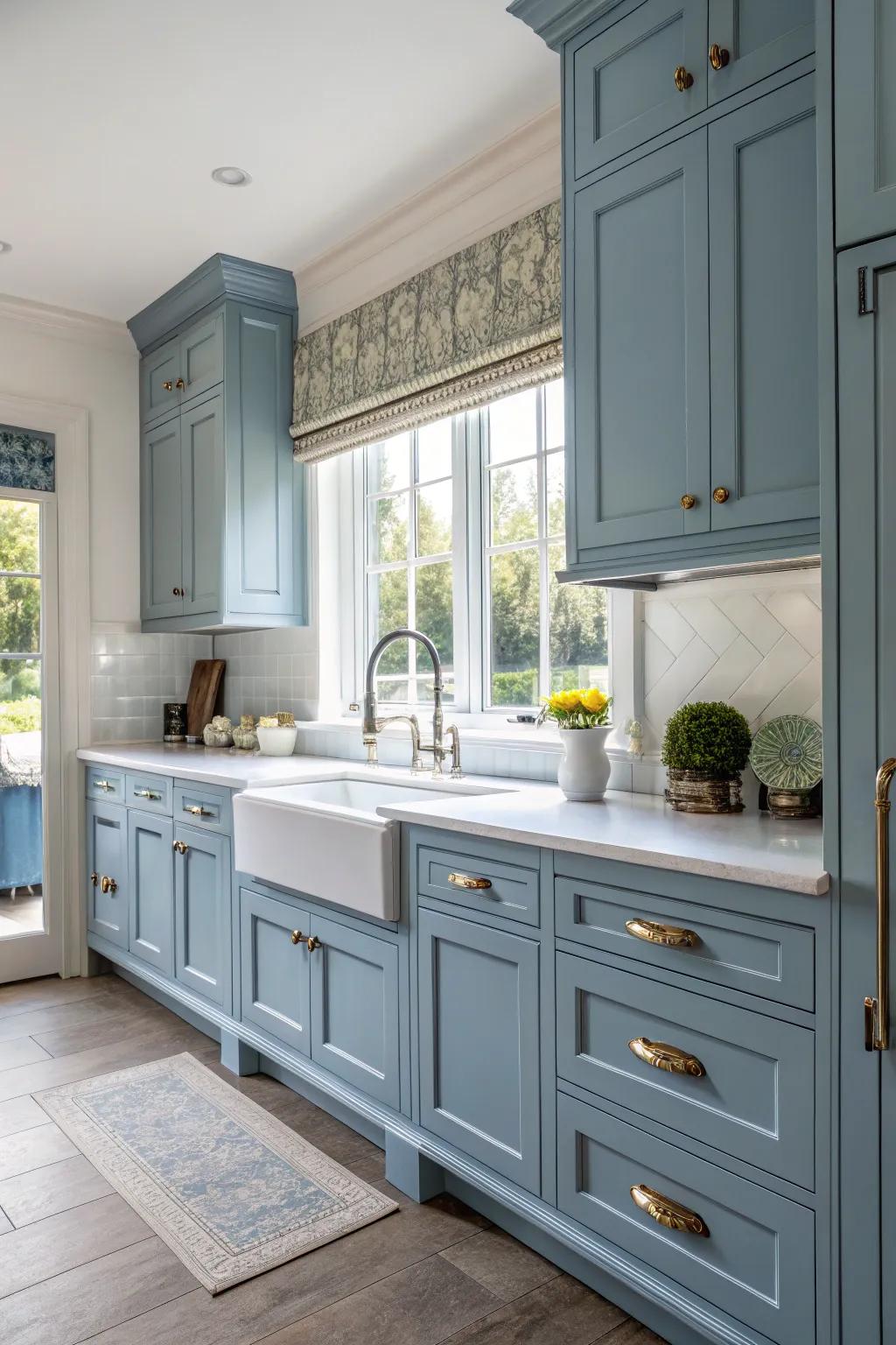 A fusion of classic and contemporary styles with blue cabinets creates a balanced kitchen design.