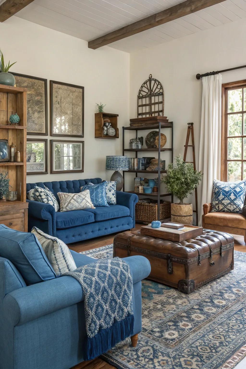 Diverse blue features add character and depth to this unique living room.