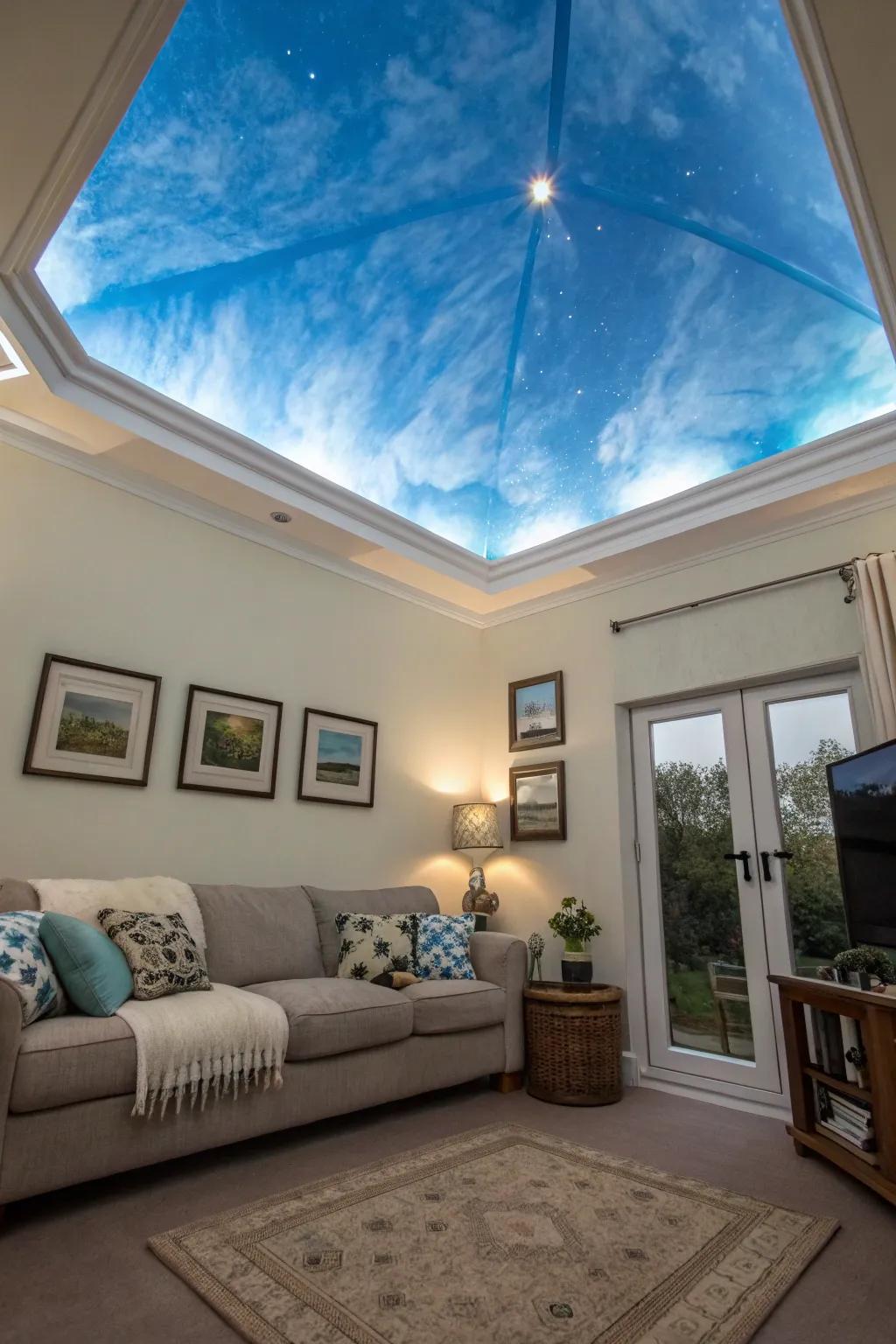 A gentle azure ceiling incorporates an unexpected and expansive feel.