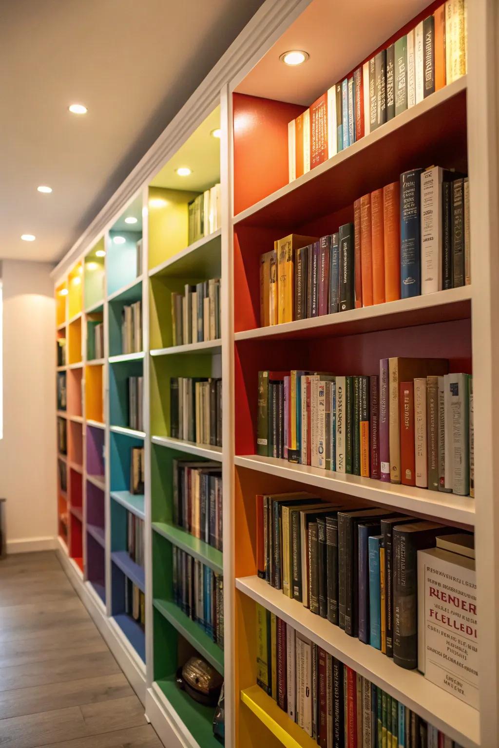 Colorful backdrops add a lively twist to traditional bookcases.