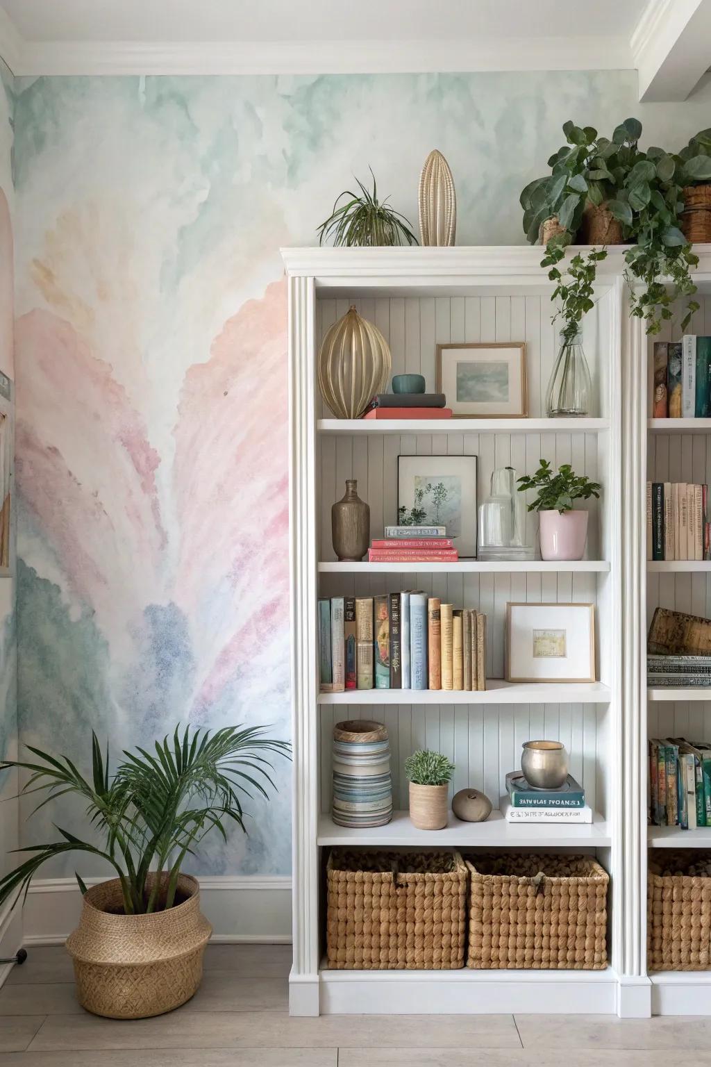 Bookshelf with watercolor wash wallpaper for a soft, artistic touch.