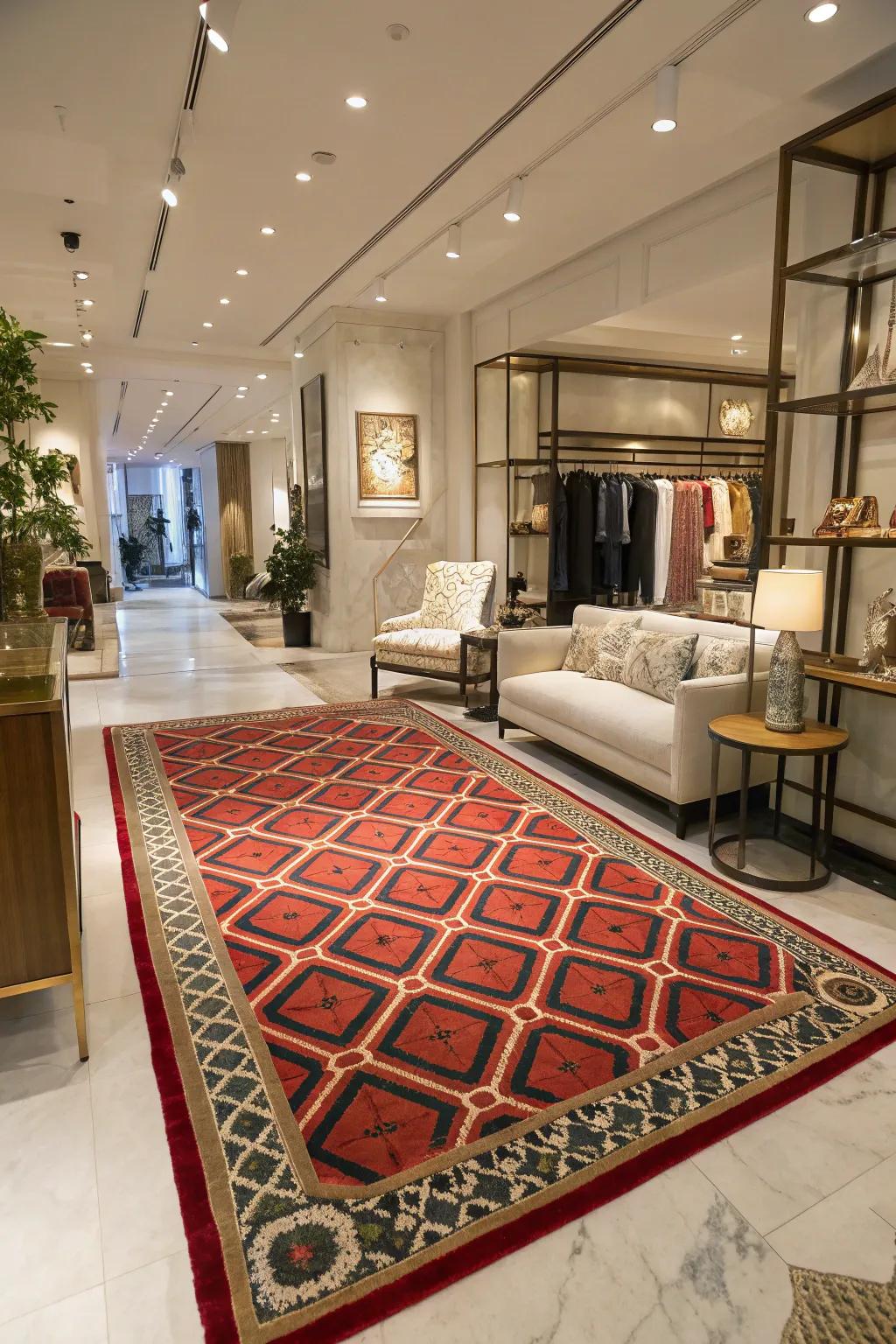 A boutique interior featuring a statement rug, anchoring the decor and adding warmth and style.