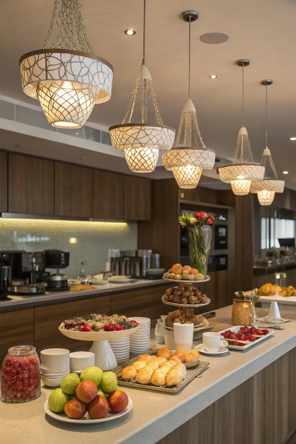 Imaginative lighting produces a focal point above the breakfast bar.