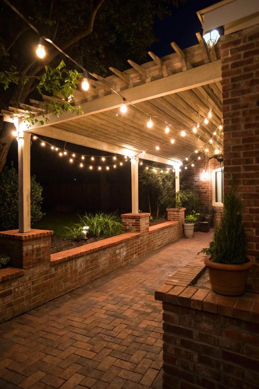 Festoon lights fashion a magical ambiance in outdoor seating areas.