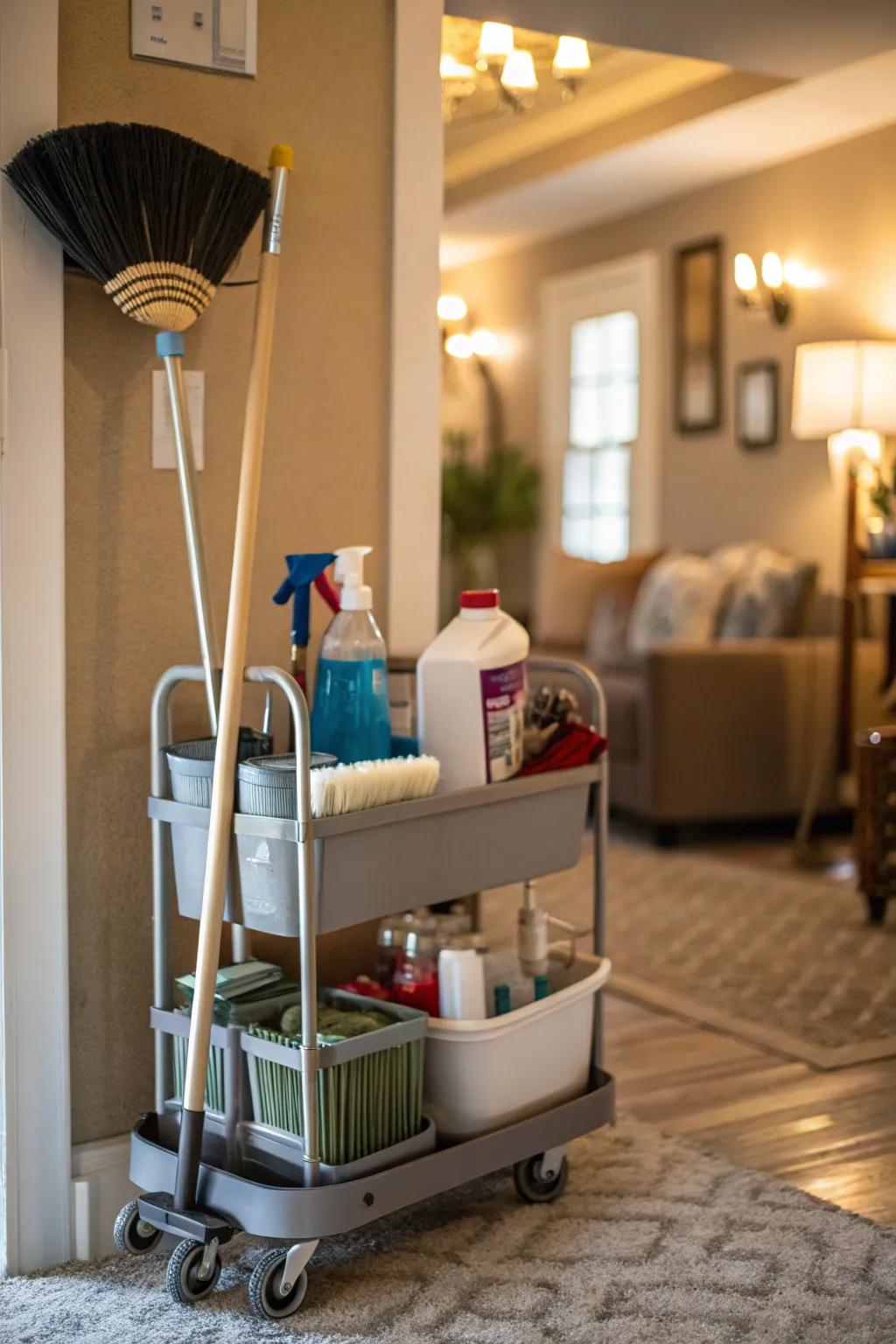 Convenient and mobile broom storage solution.