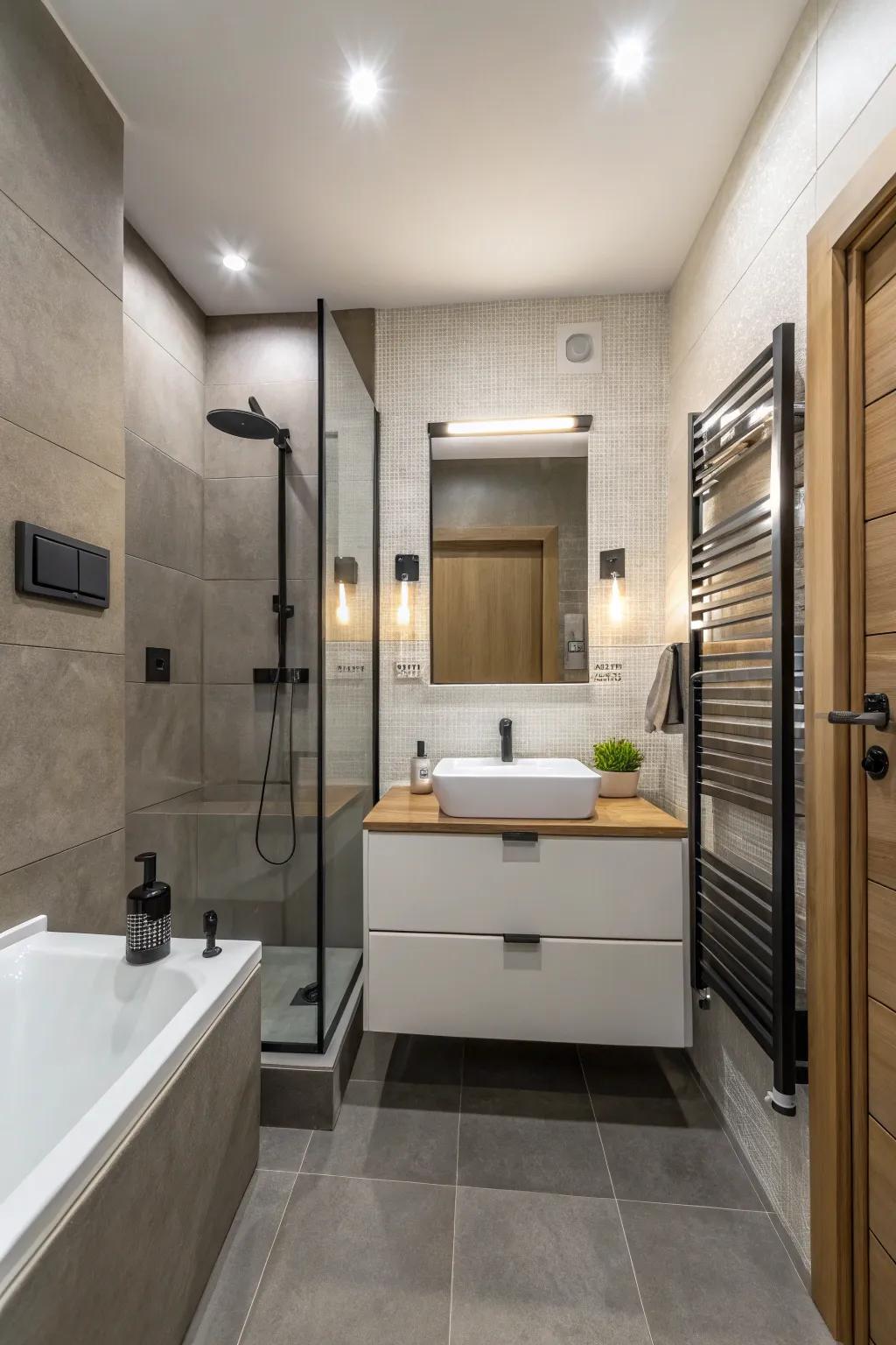 Wall-mounted fixtures provide a sleek look in this small bathroom.