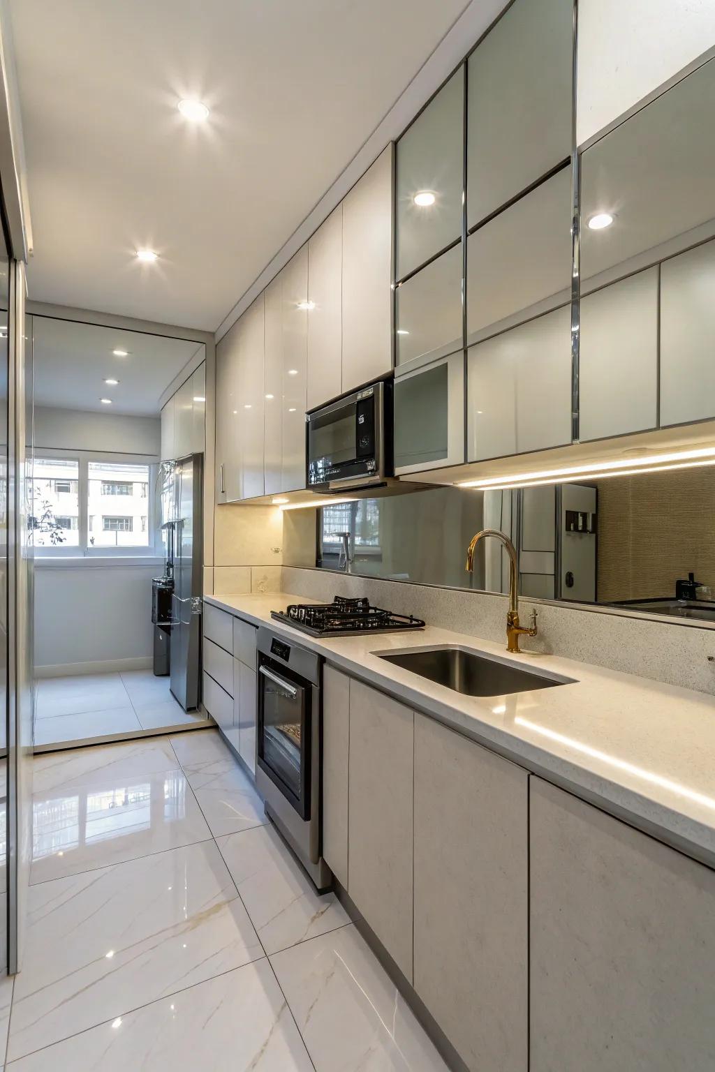 Reflective surfaces fashion a luminous and spacious sensation in this kitchen.