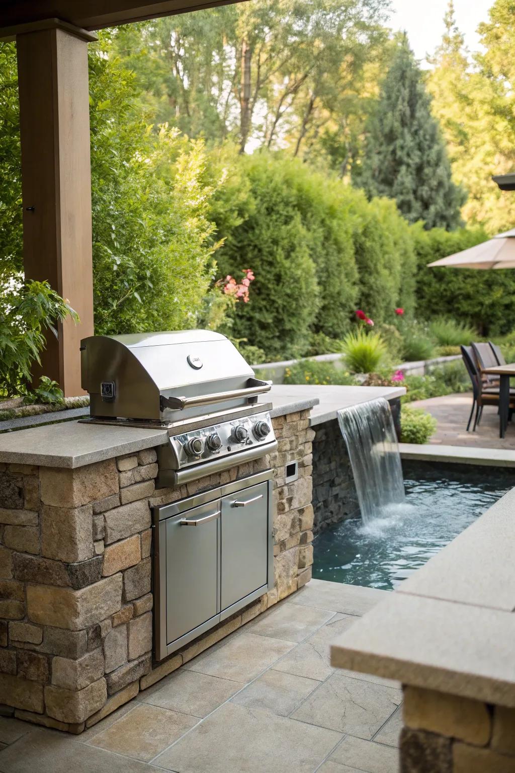 A water feature introduces serenity to your BBQ experience.