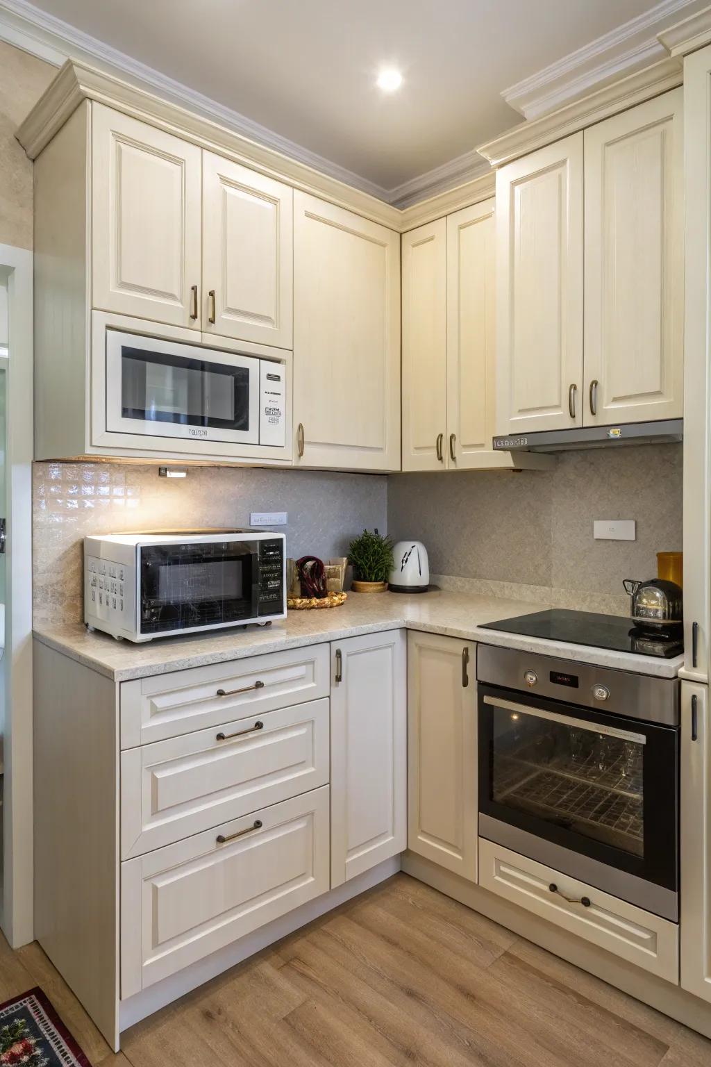 A microwave smartly located in an unused corner space.