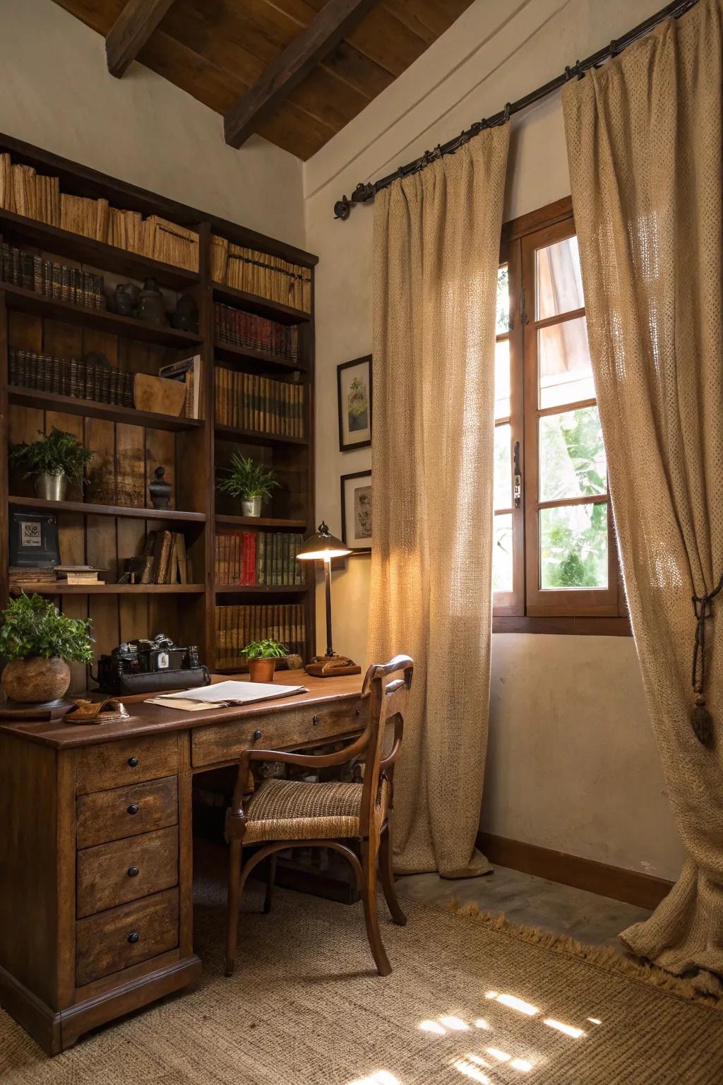 Creative inspiration with woven fiber drapes in a rustic office.