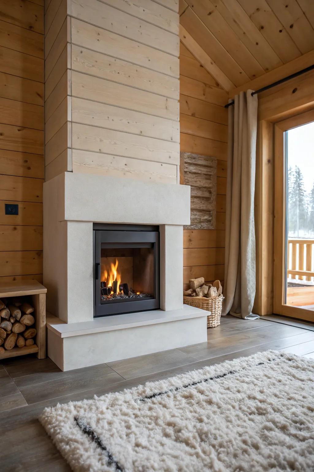 Streamlined and chic fireplace inside a cabin