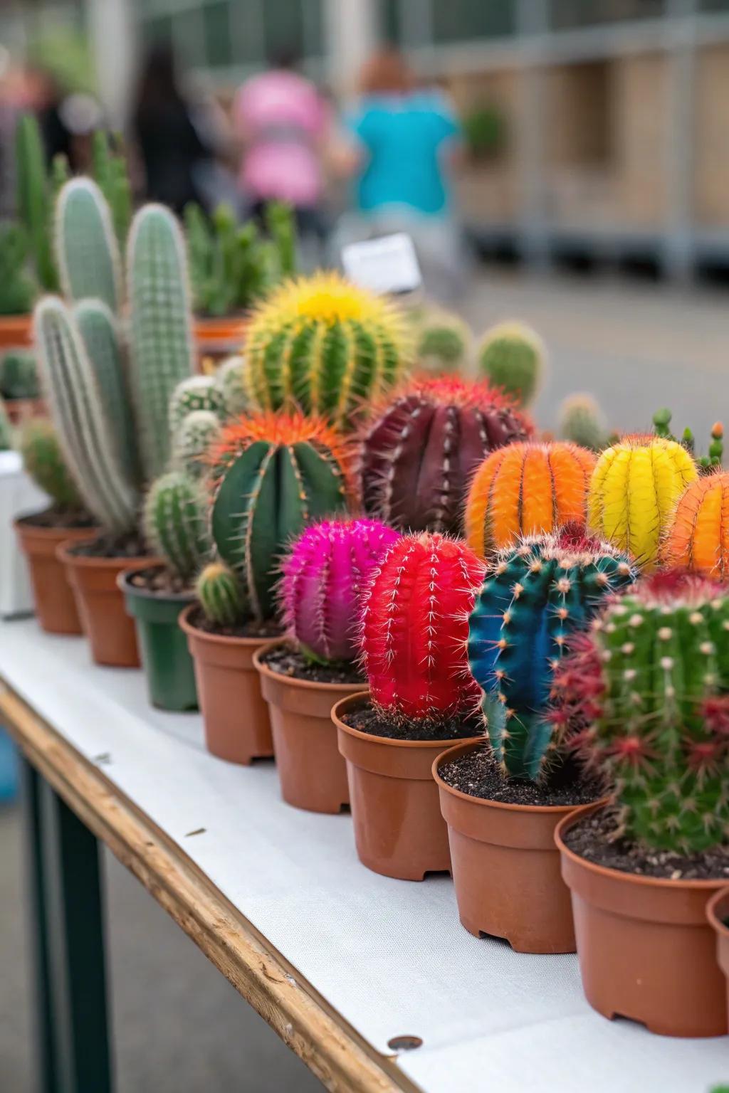 A palette of colorful cacti creates a lively and dynamic display.