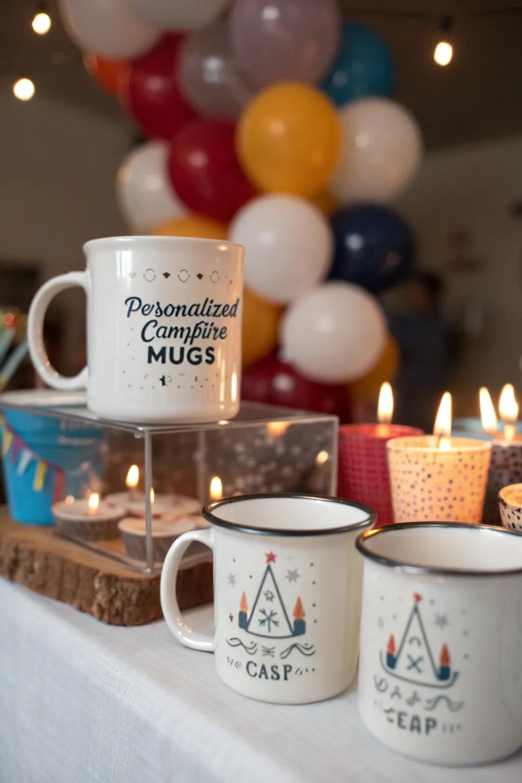 Charming personalized campfire mugs as memorable party favors.