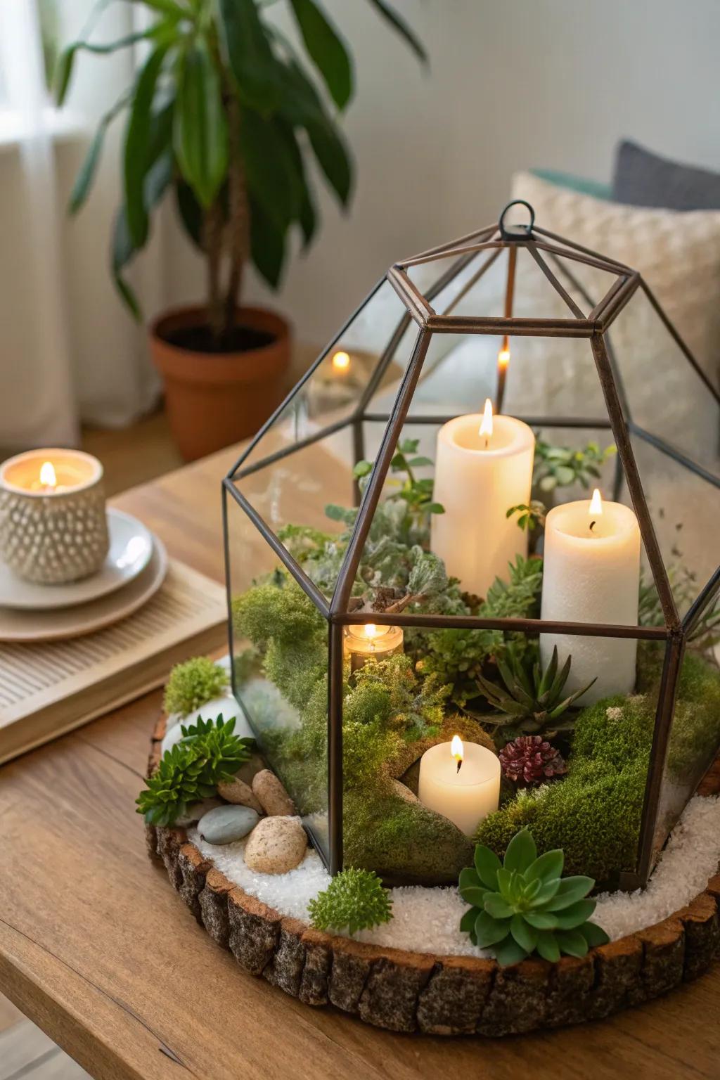 Candlelit terrariums mix nature and light beautifully.